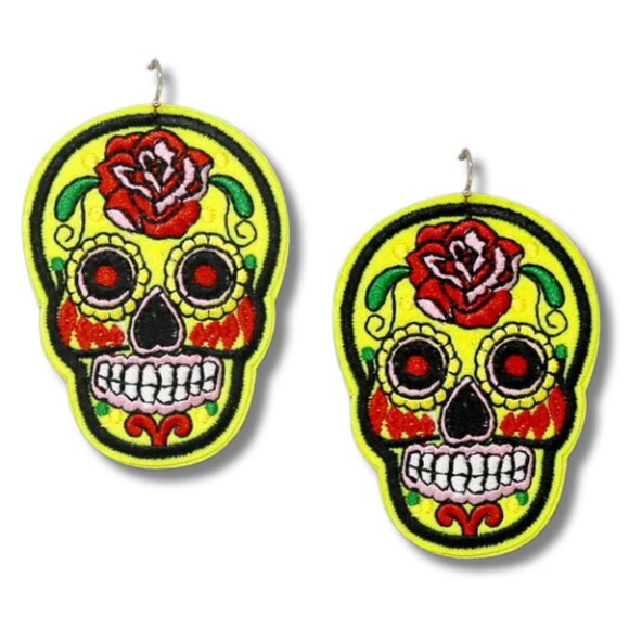 Hand Embroidered Halloween Sugar Skull Day of the Dead NOLA Statement Earrings - Picture 7 of 7